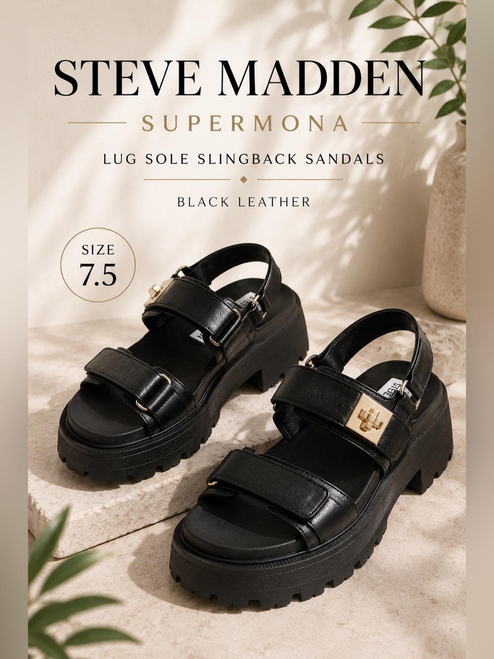 Steve Madden Supermona Lug Sole Slingback Sandals Black Leather Size 7.5